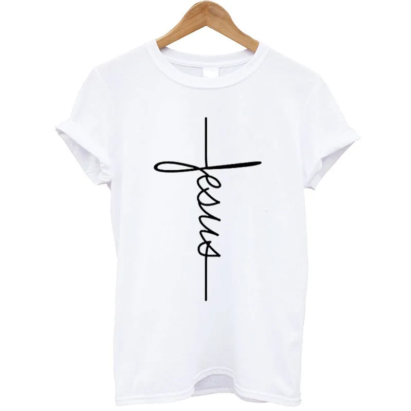 The Cross Printed T-shirt Women Short Sleeve Fashion Cotton Casual Summer Tops Jesus Clothes Plus Size