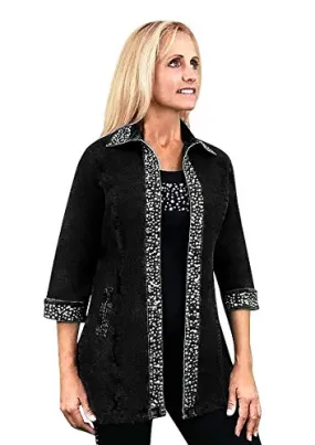 Tia Designs Ice Swing, Rhinestone Accented Sleeves & Collar 3/4 SLV Swing Jacket