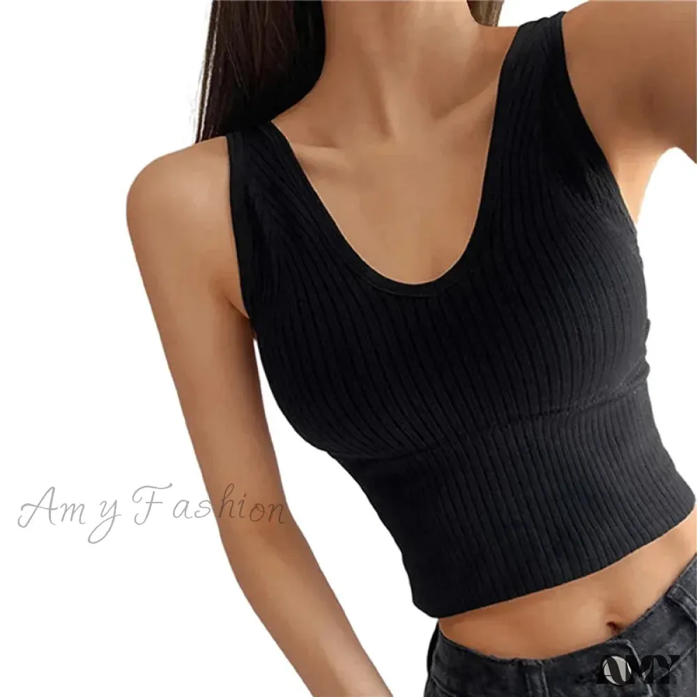 Vertical Stripe Summer Solid Color Sleeveless Sports Yoga Gym Workout V-Neck Crop Top