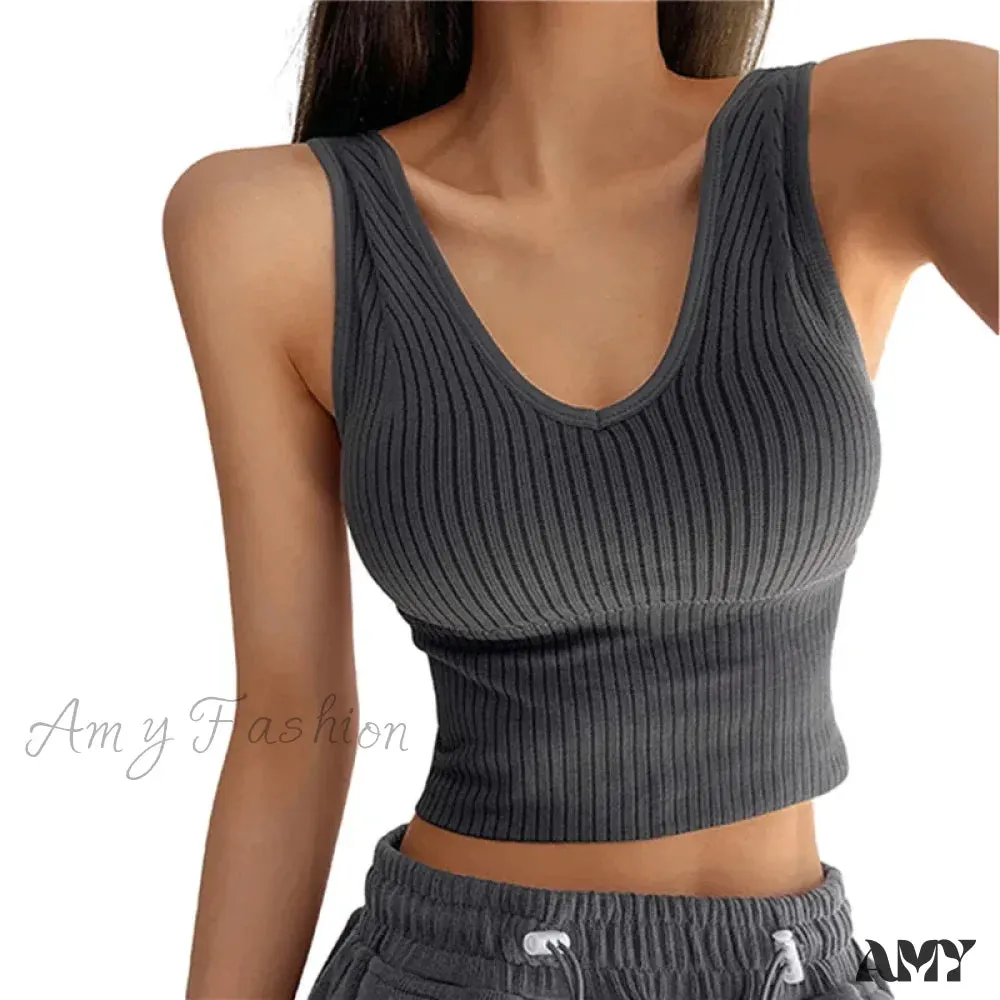 Vertical Stripe Summer Solid Color Sleeveless Sports Yoga Gym Workout V-Neck Crop Top