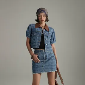 Vintage Check Puffy Short Sleeve Denim Jacket