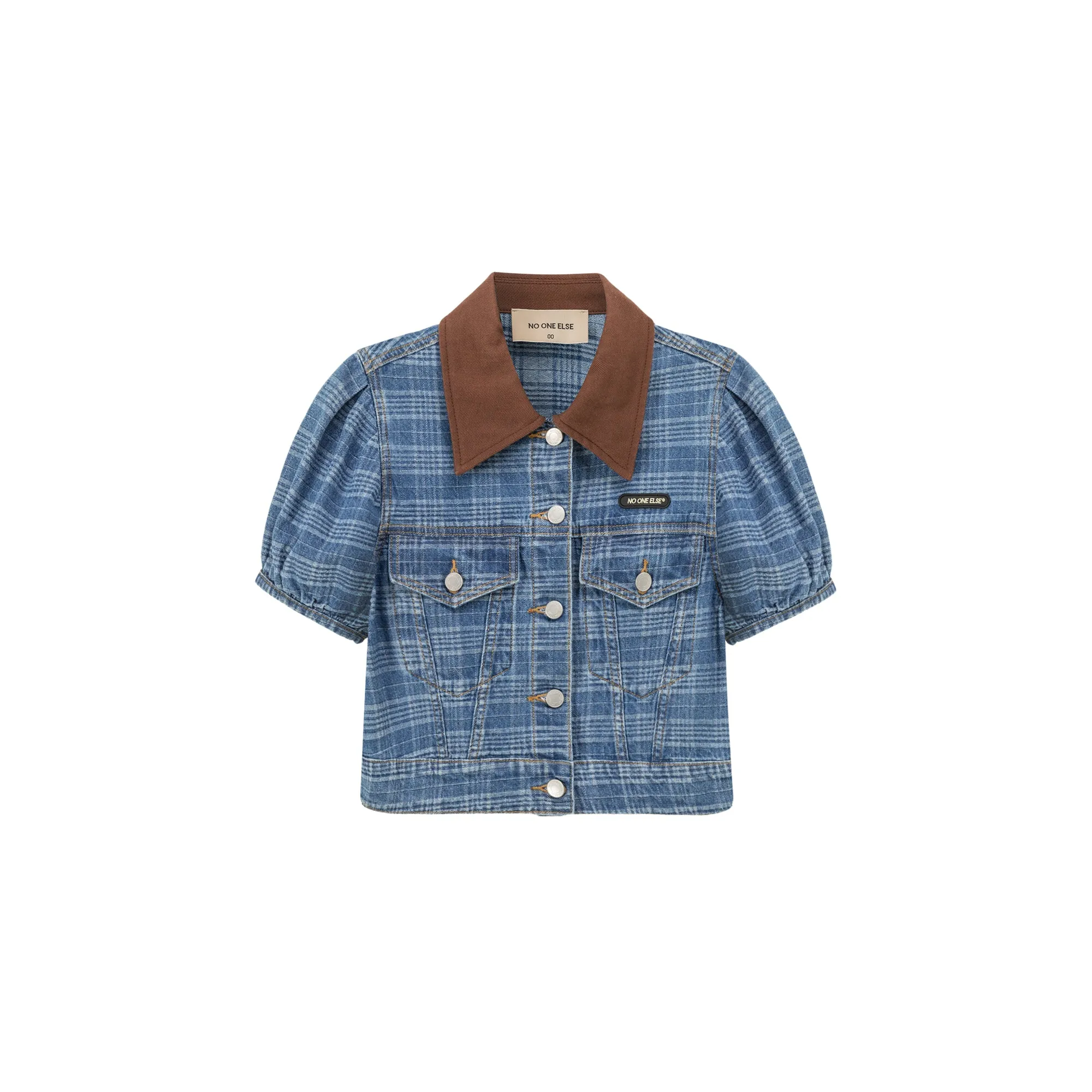 Vintage Check Puffy Short Sleeve Denim Jacket