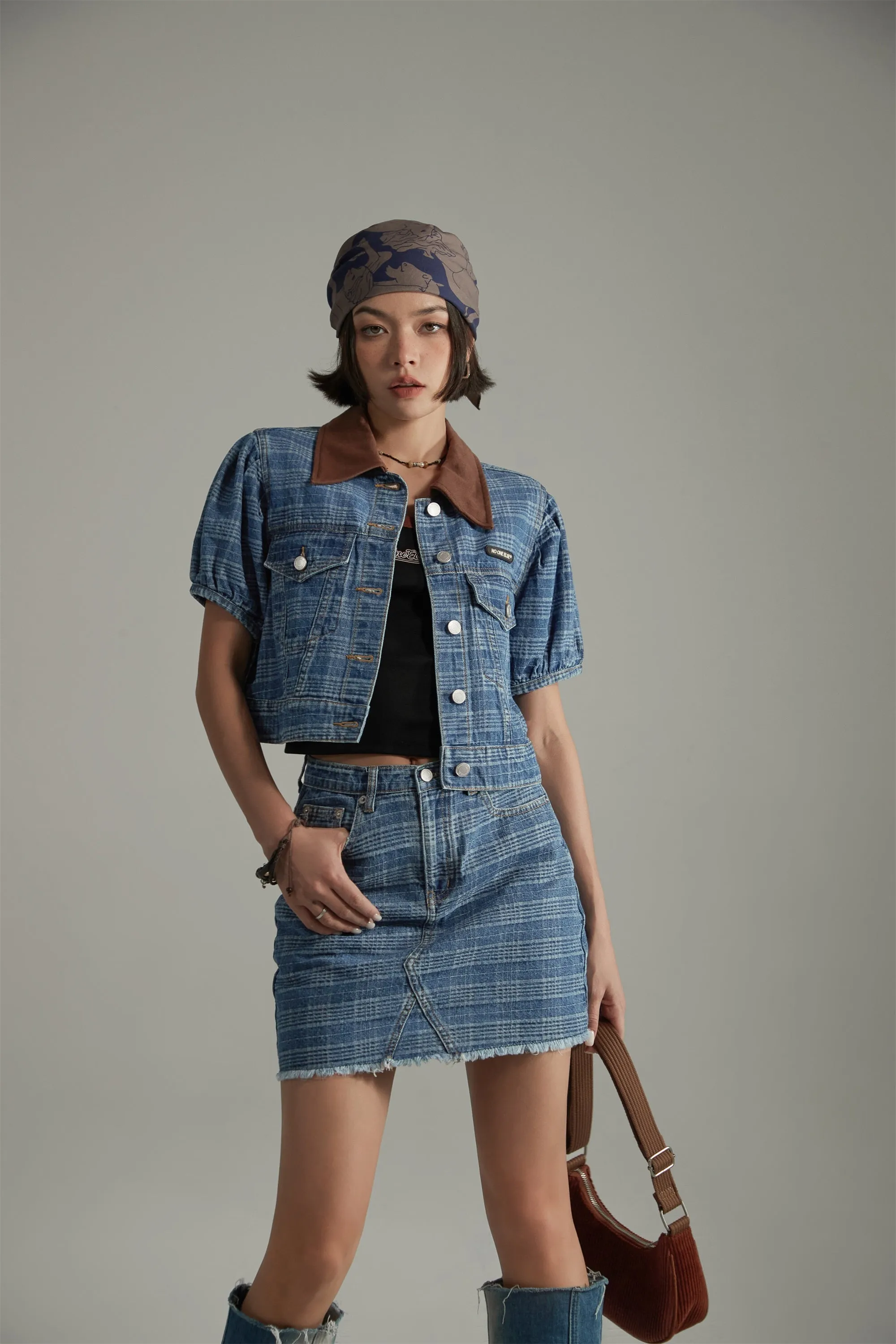 Vintage Check Puffy Short Sleeve Denim Jacket