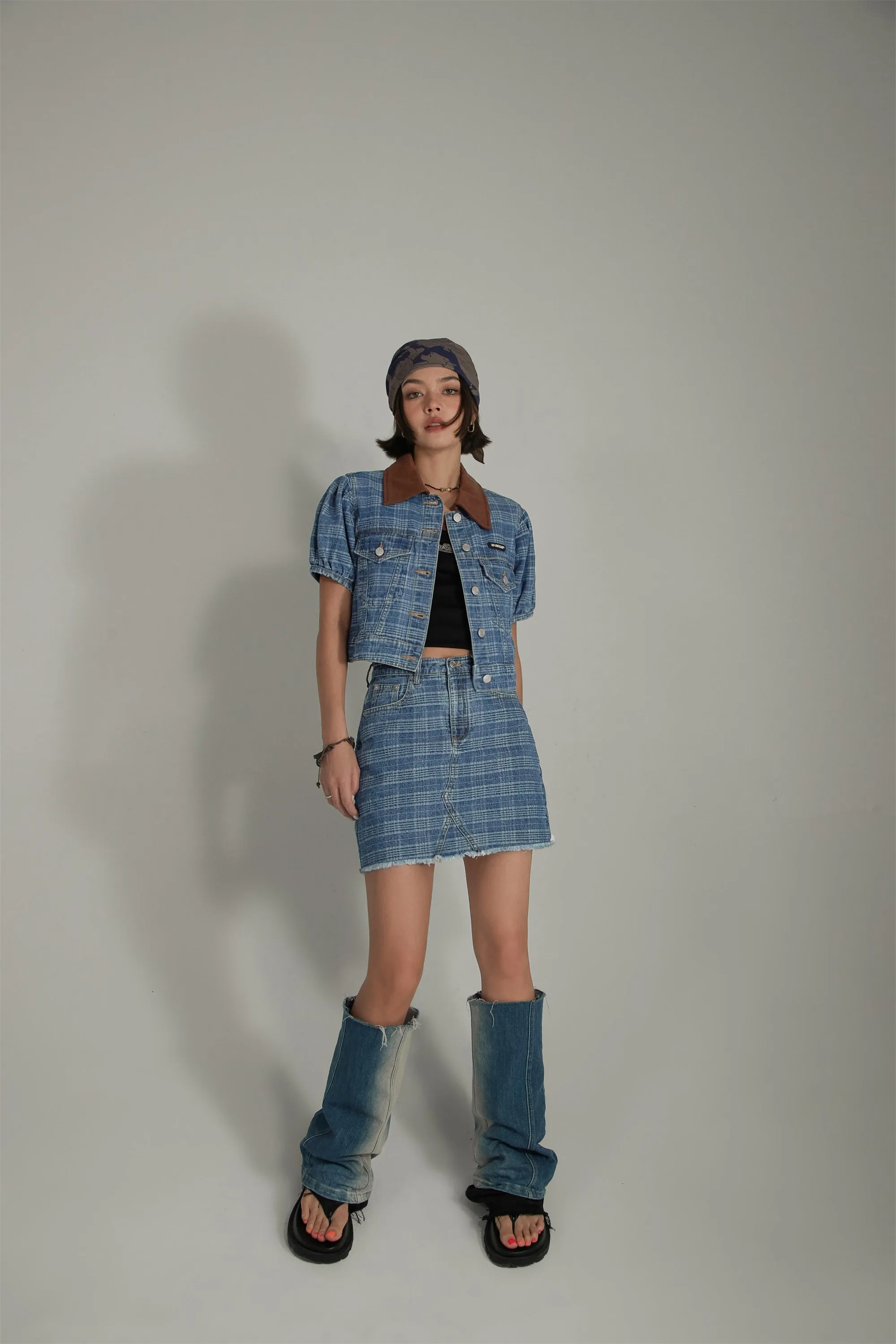 Vintage Check Puffy Short Sleeve Denim Jacket